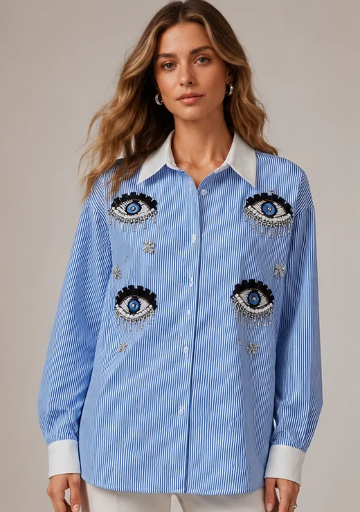 

Women's Heavy Duty Blue Striped Shirt With Patch Embellished Hand Sewn Rhinestone Eye Beads Decoration
