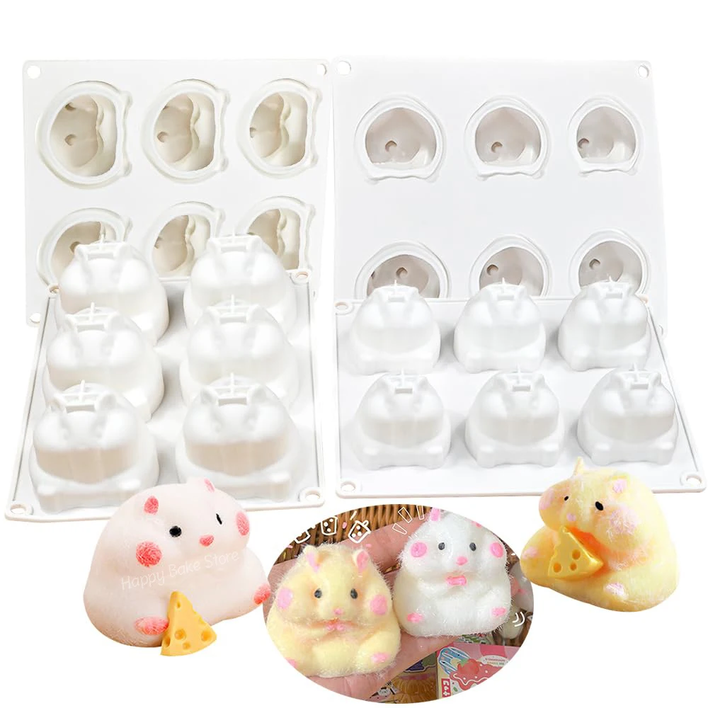 6-Cavity Little Hamster Silicone Mold, Mousse Cake Decorating Mould, for Making Chocolate, Candy, Soap, Kitchen Bakings Supplies