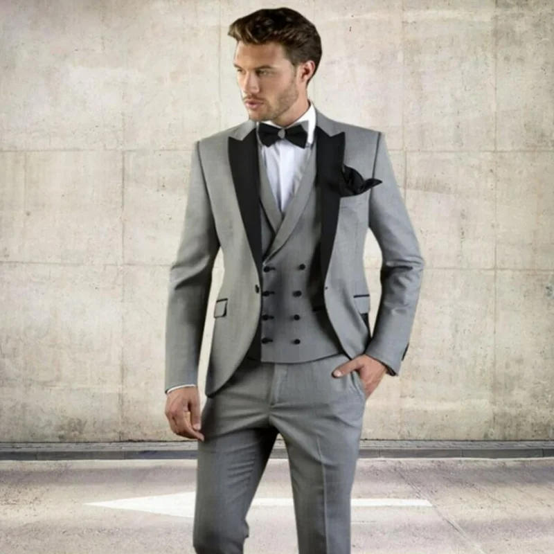 Men Suit Gray 3 Pieces Double Button With Lapel Business Casual Slim For Wedding Birthday Banquet Work Set Jacket Vest With Pant