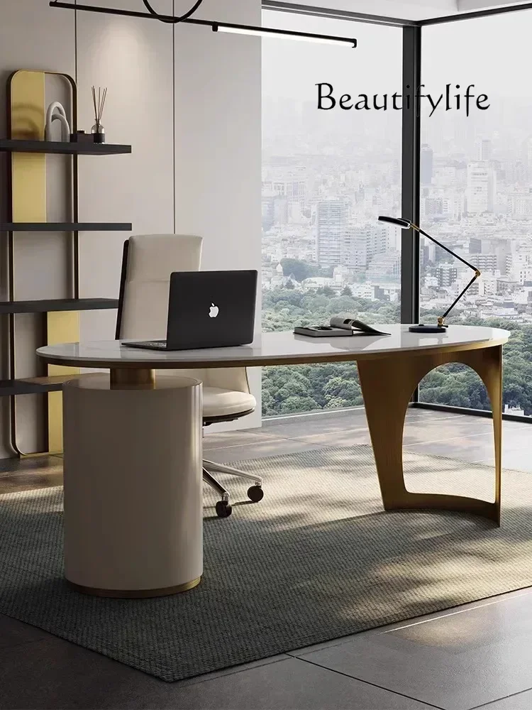 

Q Stone Plate Light Luxury Study Desk Office Computer Writing Desk Bookcase Integrated Home