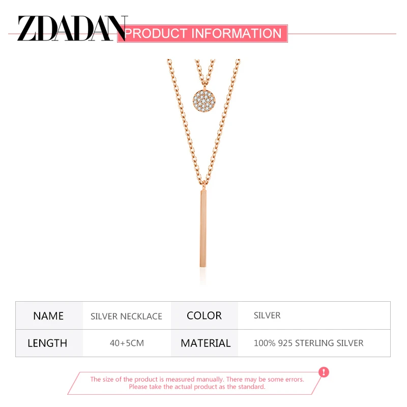 ZDADAN 925 Silver Long Square Double Layer Necklace Chains For Women Wedding Jewelry