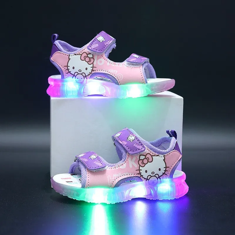 Sanrio Hello Kitty Summer New Girls Led Light Sandals Beach Outdoor Non-slip Casual Shoes