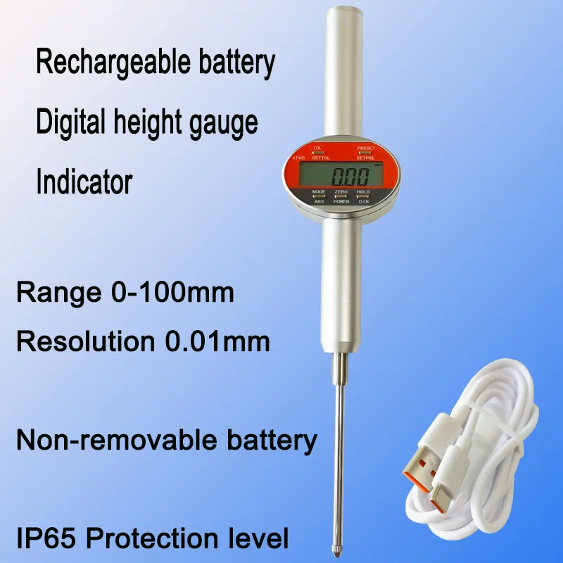 

Rechargeable battery digital height gauge indicator IP65 0-100mm resolution 0.01 Non removable battery Metal 8mm clamp gage