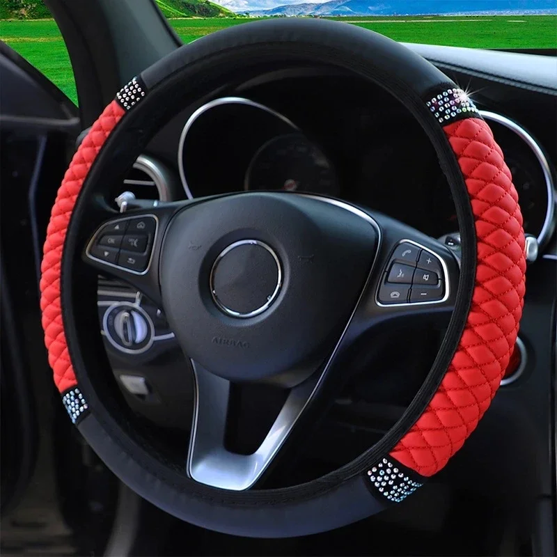 Universal Car Steering Wheel Cover 37-38cm Leather Embroidered Color Diamond-Studded Elastic Four Seasons Steering Wheel Cover