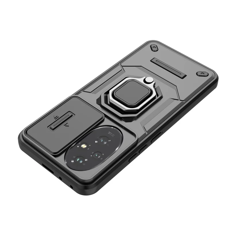 Honor 200 5G用 レンズ保護アーマーケース、耐衝撃マグネットホルダーリングスタンド付き、スライドカメラバックカバー