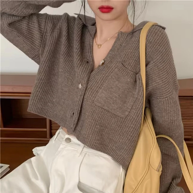 

Women Crop Cardigan Collared Front Pocket Long Sleeve Button Down Sweater Jacket Cardi Female Autumn Winter Casual Chic