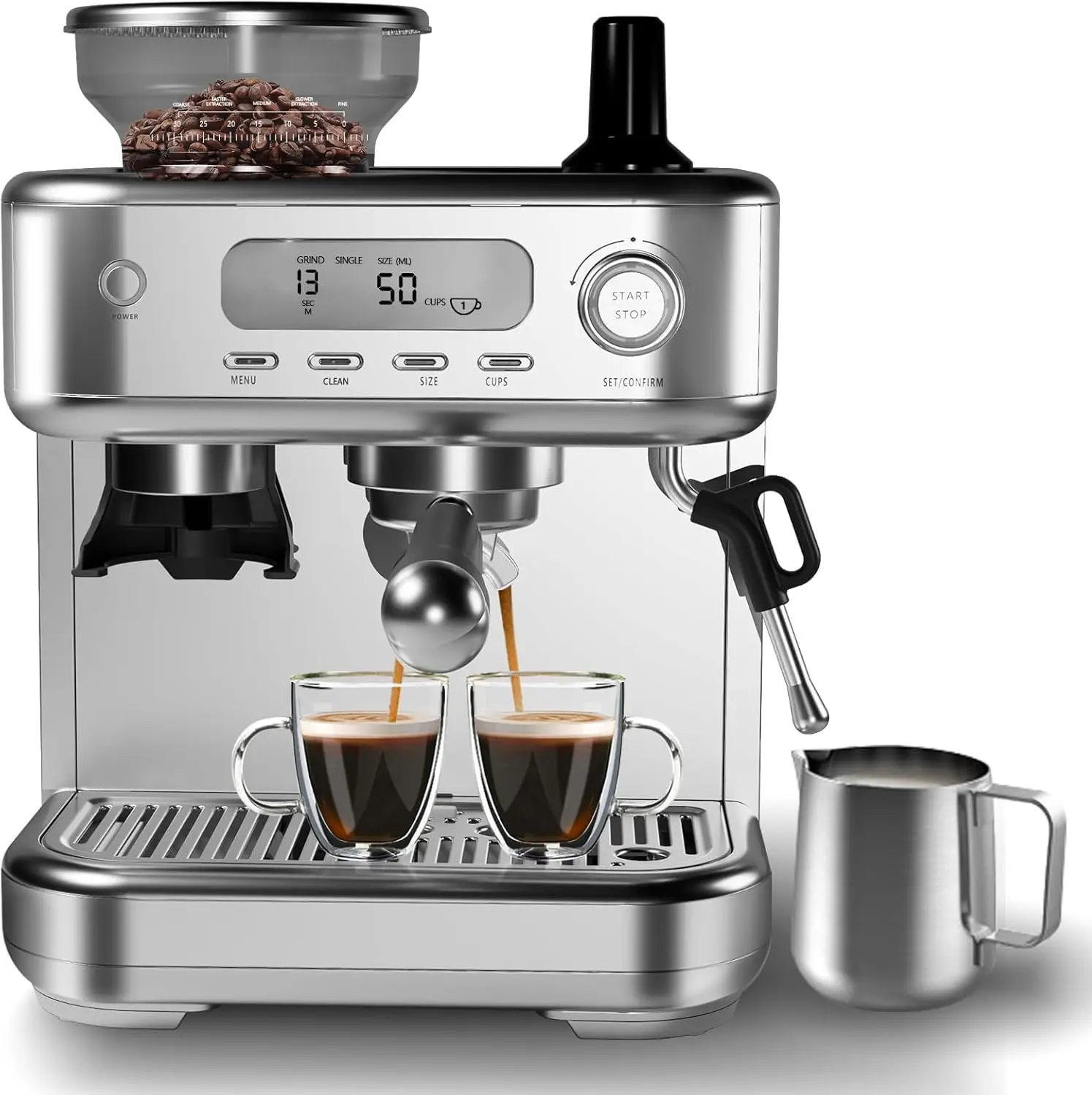 

Espresso Machine Built In Grinder High Power Milk Frother Digital LCD Stainless Steel Single Double Brew