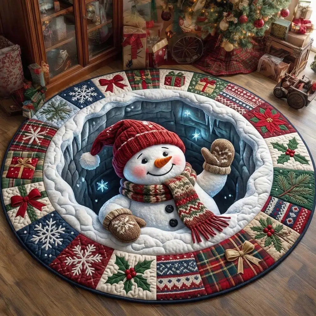 VIKAMA 3D Ice Hole Two Gnomes Icy Blue Round Rug Soft Flannel Non-Slip Bedroom Bedside Living Room Christmas Carpet Cozy Home