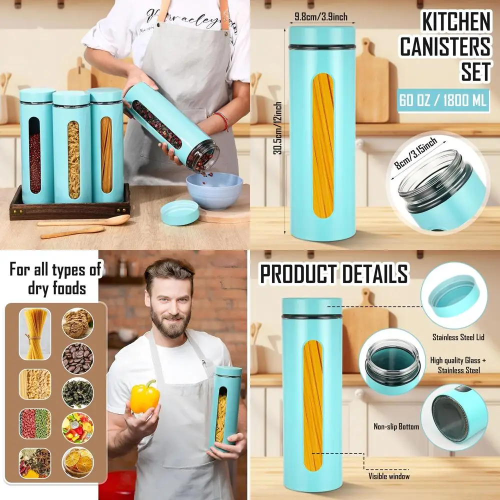 

Airtight Stainless Steel 6-Pack Kitchen Canisters with Glass Windows for Coffee, Sugar, Tea, Flour, Cookies, and Spices (60 oz,