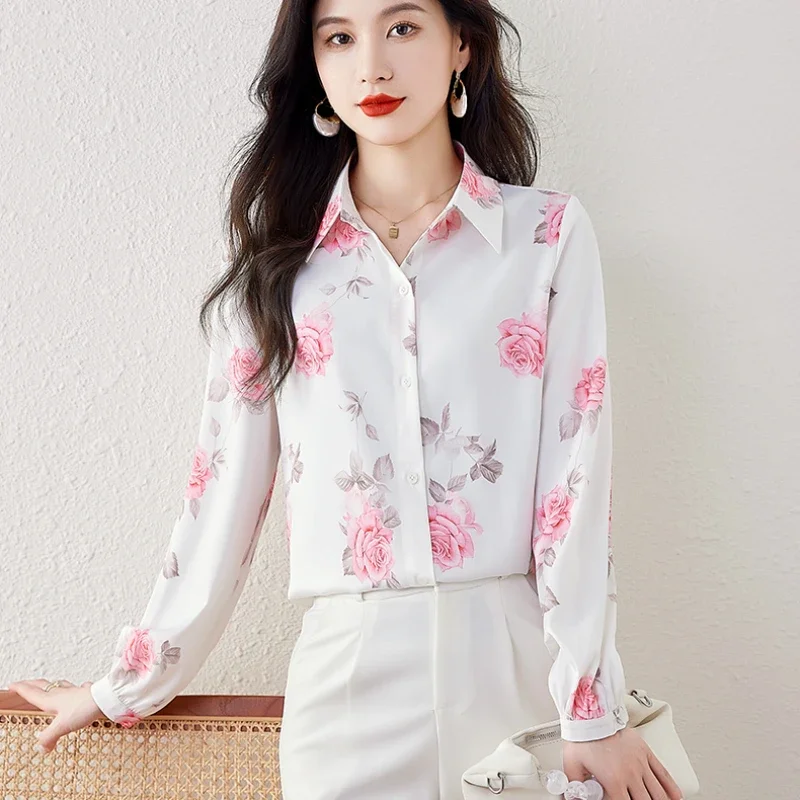 White Floral Shirts for Women Autumn Elegant Turn-down Collar Lantern Sleeve Blouses Womens Tops Fashion Print Slim Blouse Women