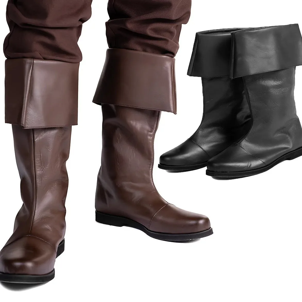 ผู้ชายหนังFauxยุคกลางรองเท้าRenaissance Gothicไวกิ้งโจรสลัดกลางลูกวัวรองเท้าบูทฮาโลวีนคอสเพลย์