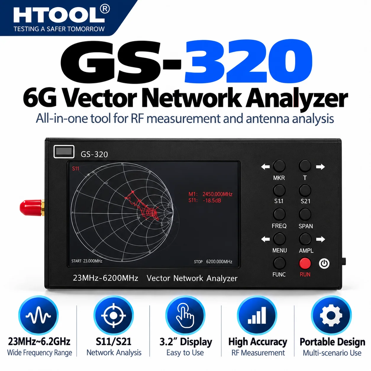 HTOOL GS-320 6G VNA Vector Network Analyzer 23MHz-6.2GHz S11/S21 Smith Chart Antenna RF Tester