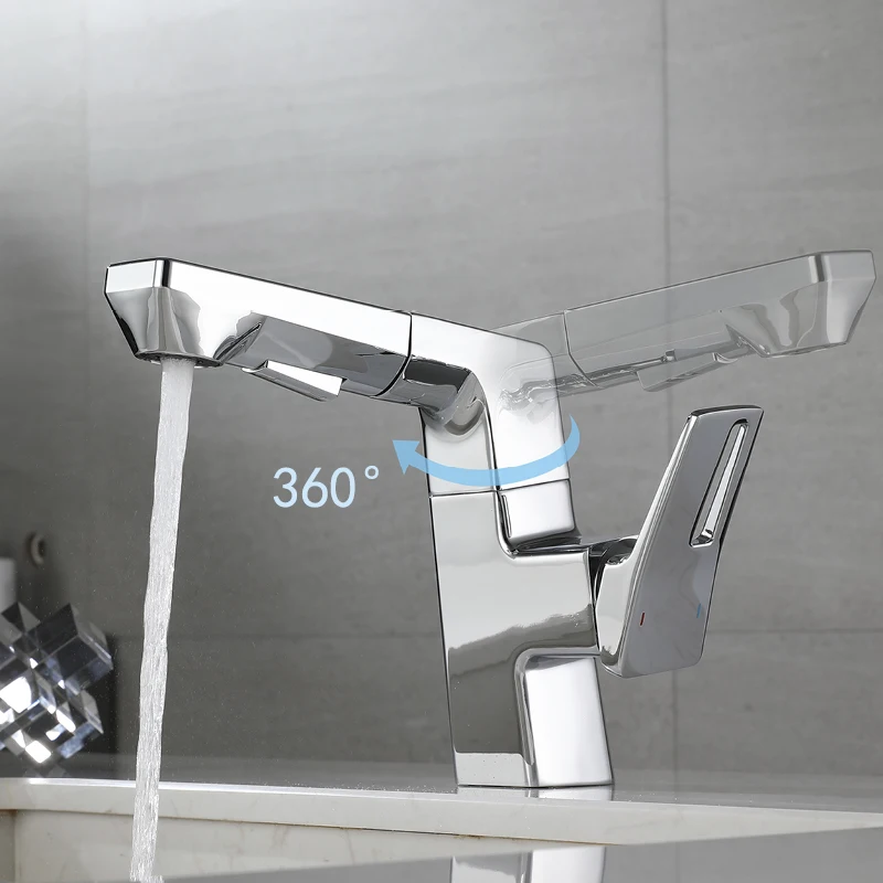 Digital Display Pull Out Faucets Two Modes Bathroom Vanity Sink Faucet Deck Mounted Single Handle Hot and Cold Mixer Taps Chrome