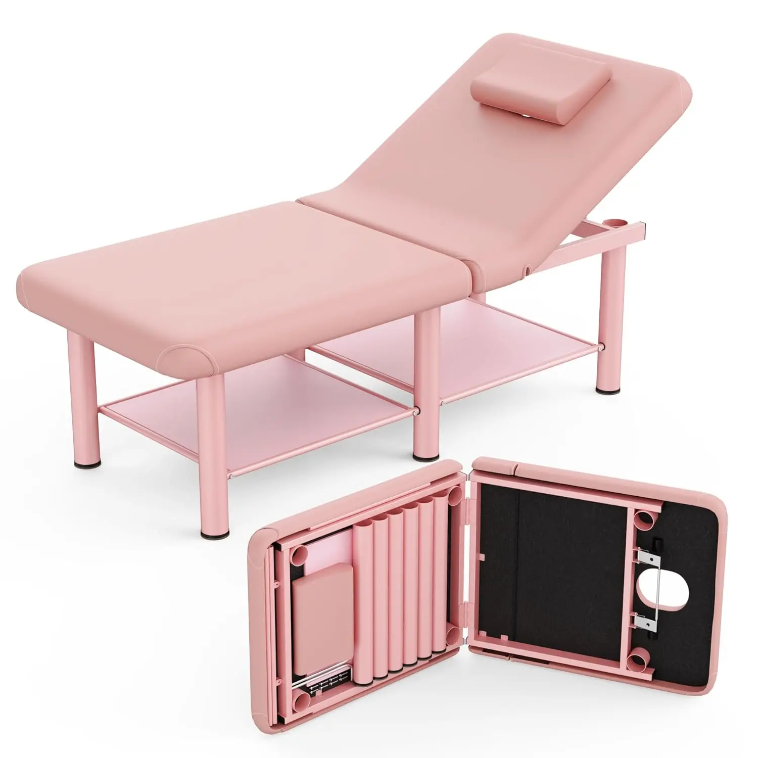 

Folding Stationary Massage Table with Backrest and Storage Space, 6 Round Legs Metal Frame PU Leather, 30.5'' Wide × 75'' Long f