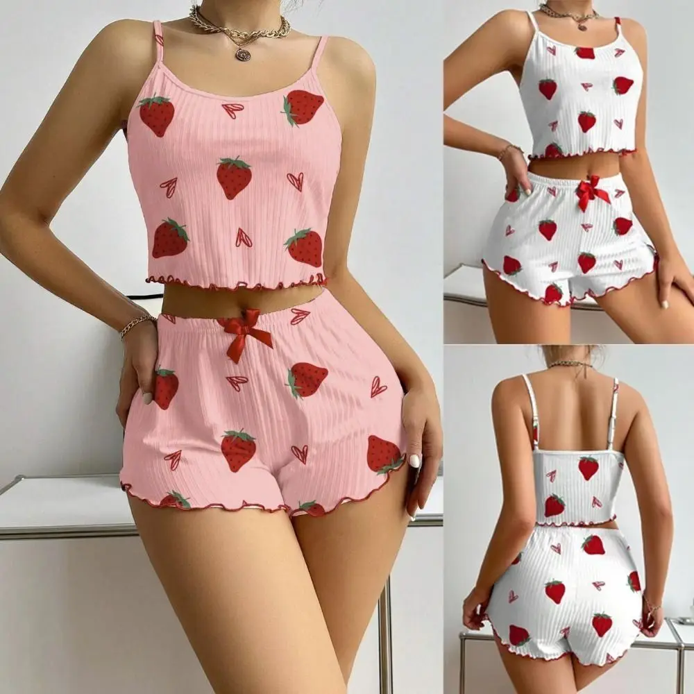 

Пижамный комплект из полиэфирного волокна с клубничным принтом, удобные однотонные трикотажные пижамы в рубчик, тонкая ткань средней плотности