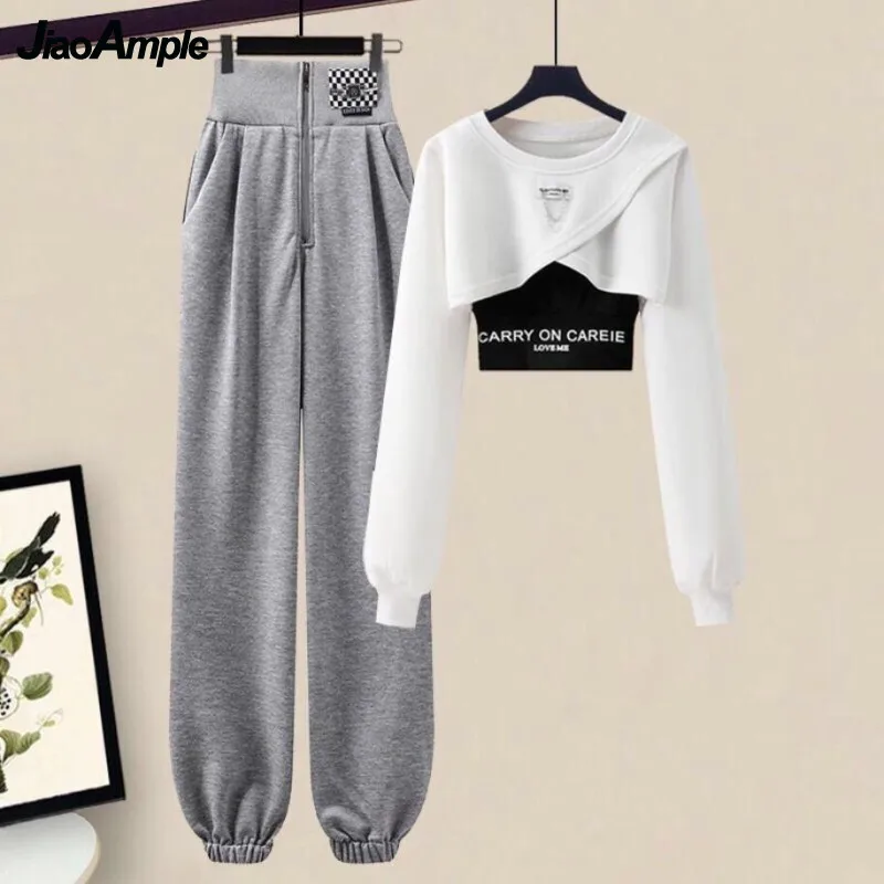 Women\'s Autumn Winter Tracksuit Set 2022 New Fashion Short Sweater Top + Vest + PantsThree-piece Korean Elegant Sportswear Suit
