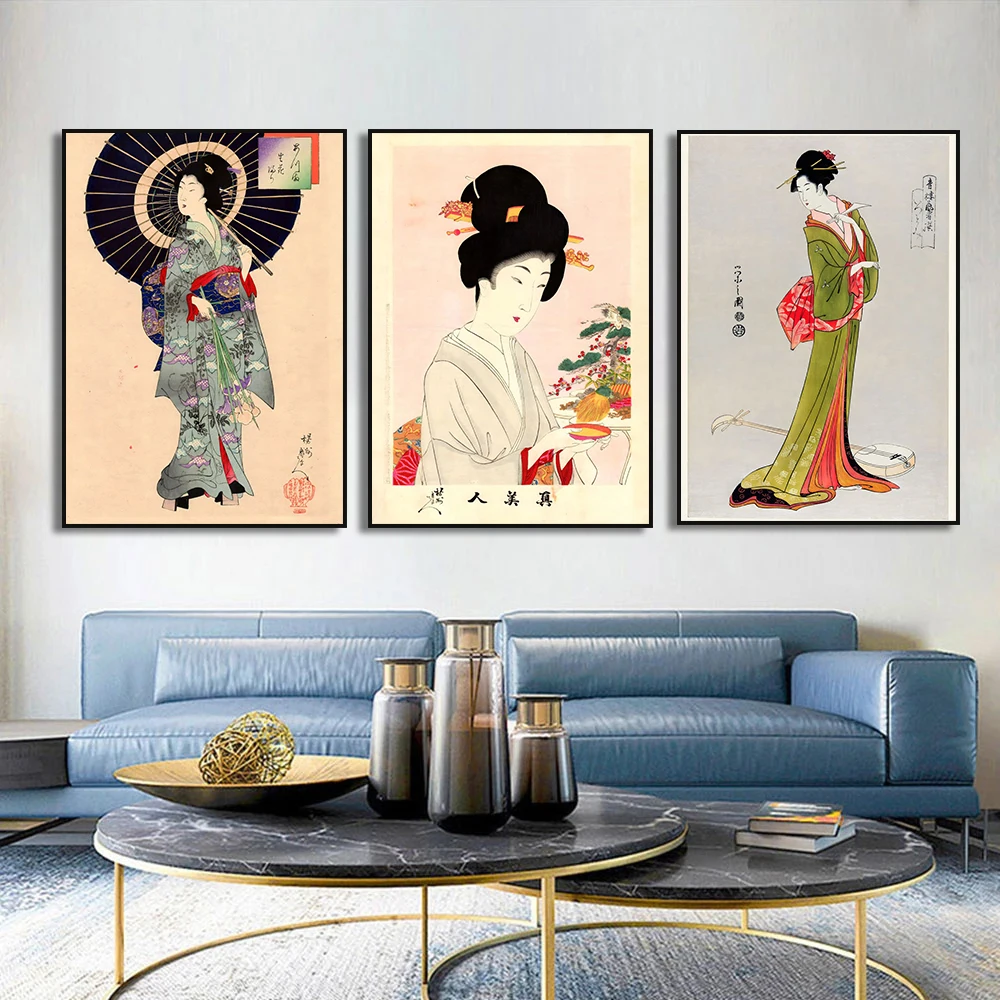 Retro Japan Ukiyo-e Japanese Geisha Oriental Woman Canvas Painting Art Poster and Print Wall Art Picture Mural Living Room Decor