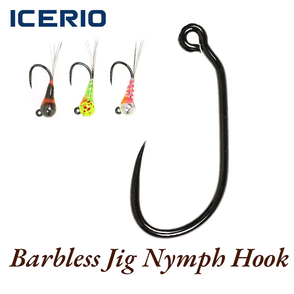 ICERIO 50PCS Anzuelos sin espinas para pesca de mosca, tipo Nymph Jig, de acero de alto carbono, para Caddis, Pupa, Euro Perdigon, señuelo de pesca de trucha