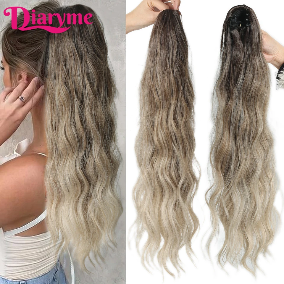 

24inches Synthetic Claw Clip Ponytail Hairpiece Long Natural Wave Ponytail Hair Extensions Wig Ombre Brown Blonde Horse tail Fak