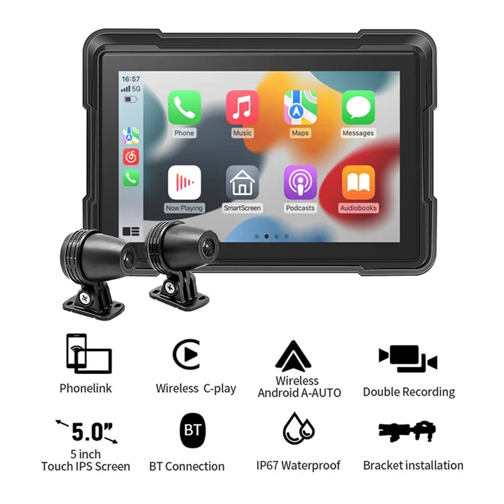 5 Inch Motorcycle GPS Navigator Bluetooth-Compatible Wireless Carplay Android Auto Motorcycle DVR Front Rear Camera Touch Screen