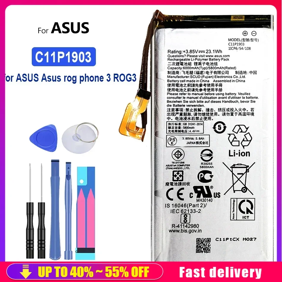 

Rechargeable Mobile Phone Batteries C11P1903 6000mAh For ASUS rog phone 3 ROG3 Portable Cell Phone Battery