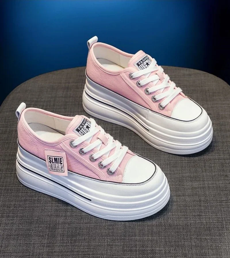 2024 New Woman Platform Sneakers Wedge Shoes Female 8cm Height Increasing Ladies Breathable Cloth Casual Shoes Canvas Shoes