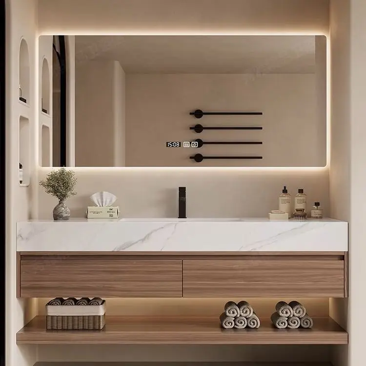 New Simple Ceramic Rock Slab Seamless Integrated Bathroom Cabinet Toilet Wash Basin Combination Solid Wood Multi-layer