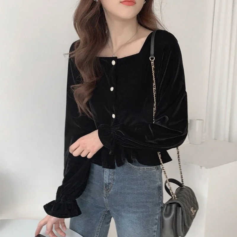 Black Shirts Women Vintage Puff Sleeve Square Collar French Tops Camisa All-match Streetwear Ulzzang Stylish Camisas De Mujer