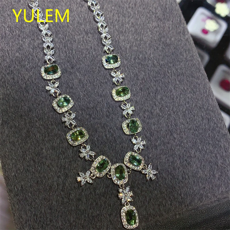 

YULEM 925 Silver Natural Sapphire Pendant Necklace 4x6mm Blue Green High Clarity Full Fire Gemstone with Certificate