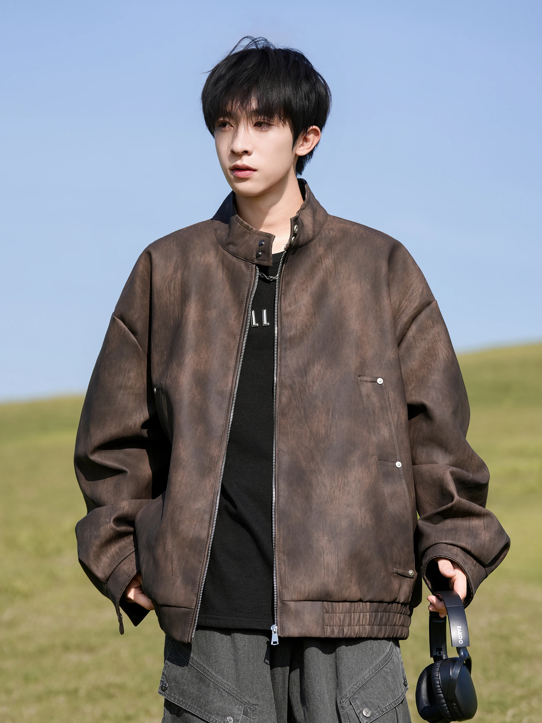 

Кожаный джет в стиле ретро в американском стиле с принтом тай-дай, мужская весенне-осенняя модная рабочая одежда с воротником-стойкой, верхняя одежда для мотоциклов для мальчиков