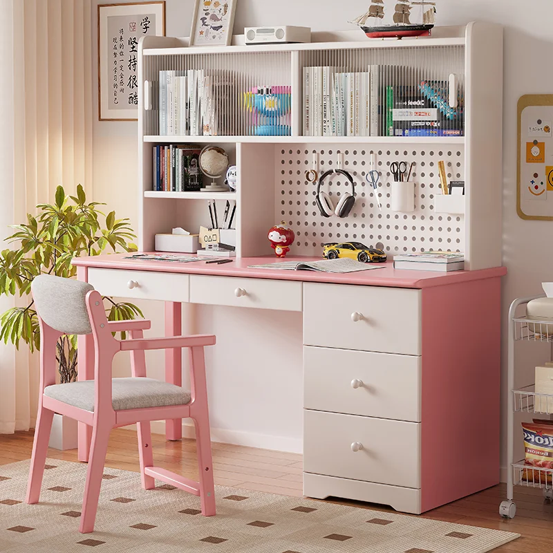 Kids Solid Wood Study Desk With Bookshelf And Pegboard Student Writing Table Children Furniture For Bedroom Learning Study Desk