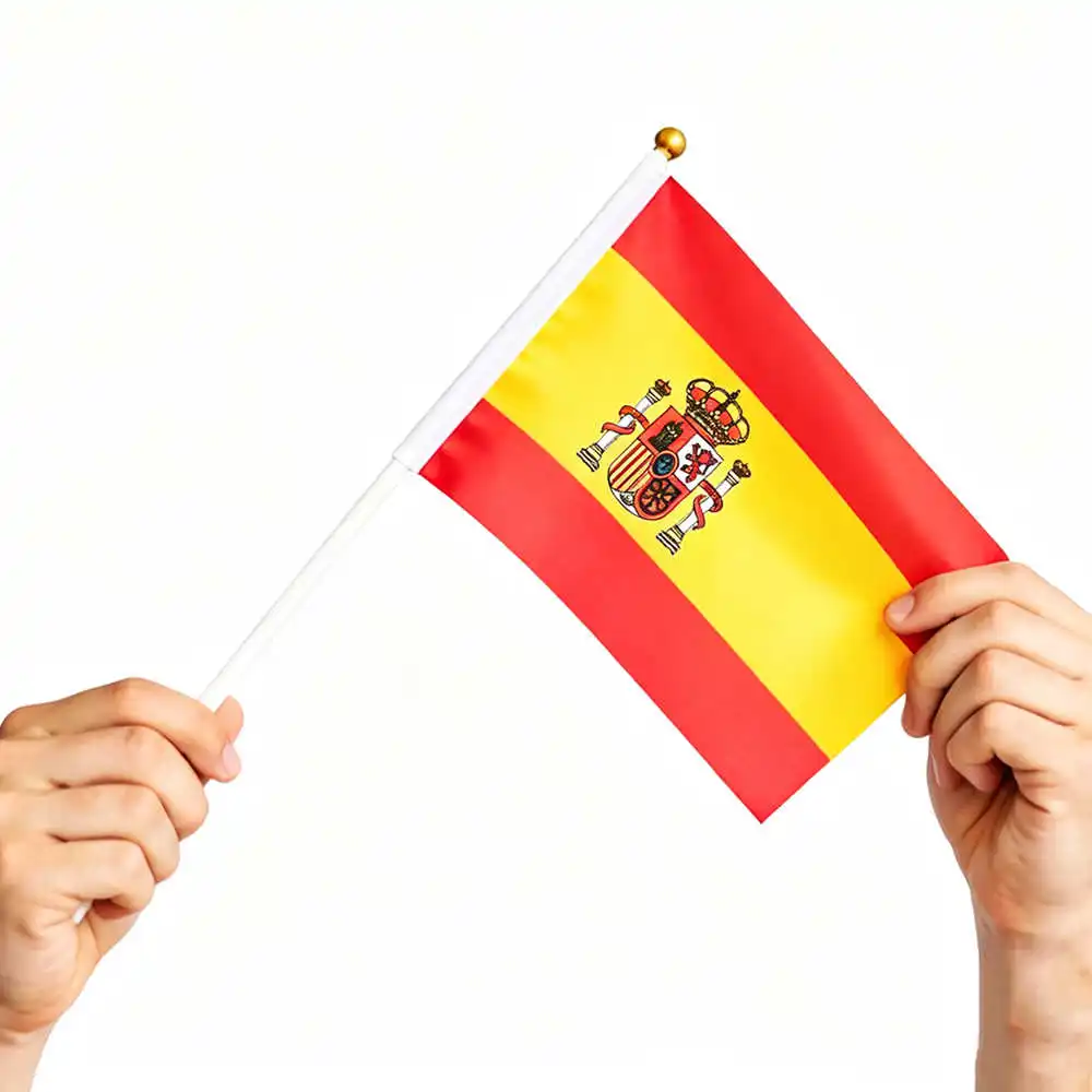 10 Pack Handheld Spain Flag Spanish 14x21cm Polyester Flags 30cm Mini Stick Plastic Flagpoles Waving For Decoration Parade Sport