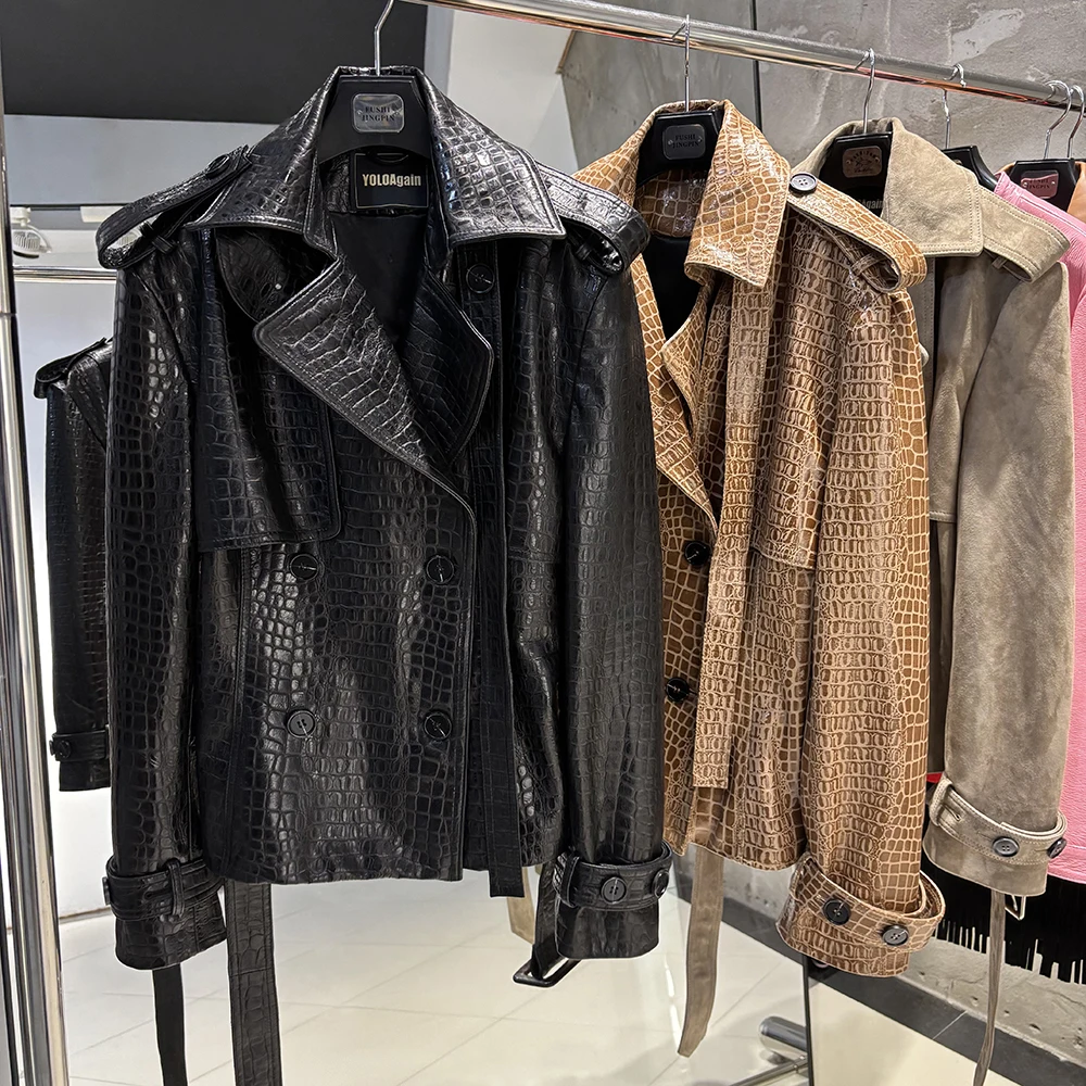 YOLOAgain Double Breasted Croc Pattern Leather Jacket Women 2026 Autumn New Genuine Leather Jacket Ladies