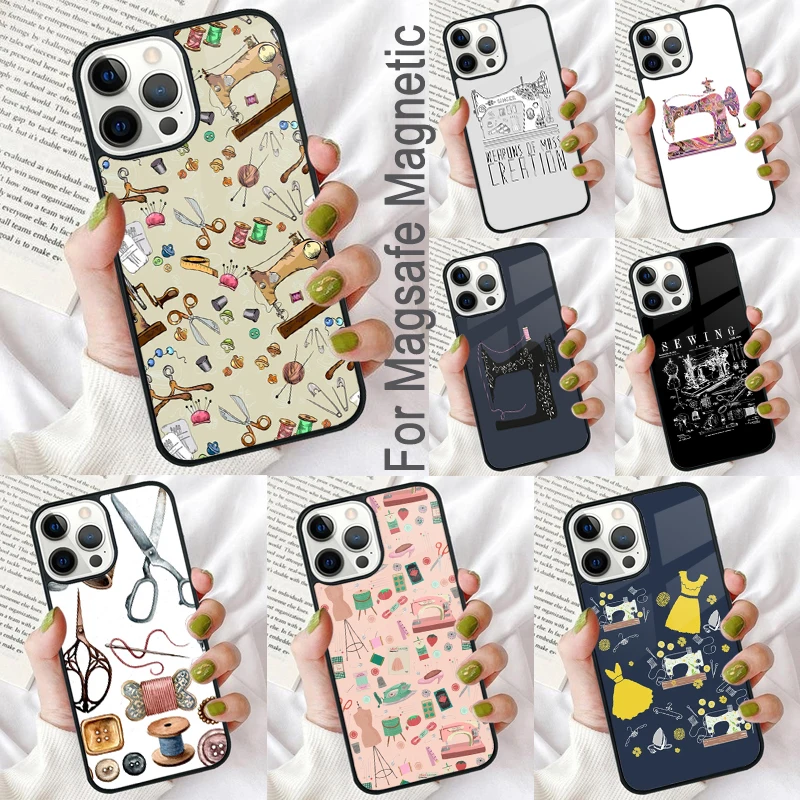 Sewing Machine Pattern Magnetic Soft Phone Case for iPhone 16 Promax 15 Pro 13 14 Plus 11 12 Mini MagSafe Coque