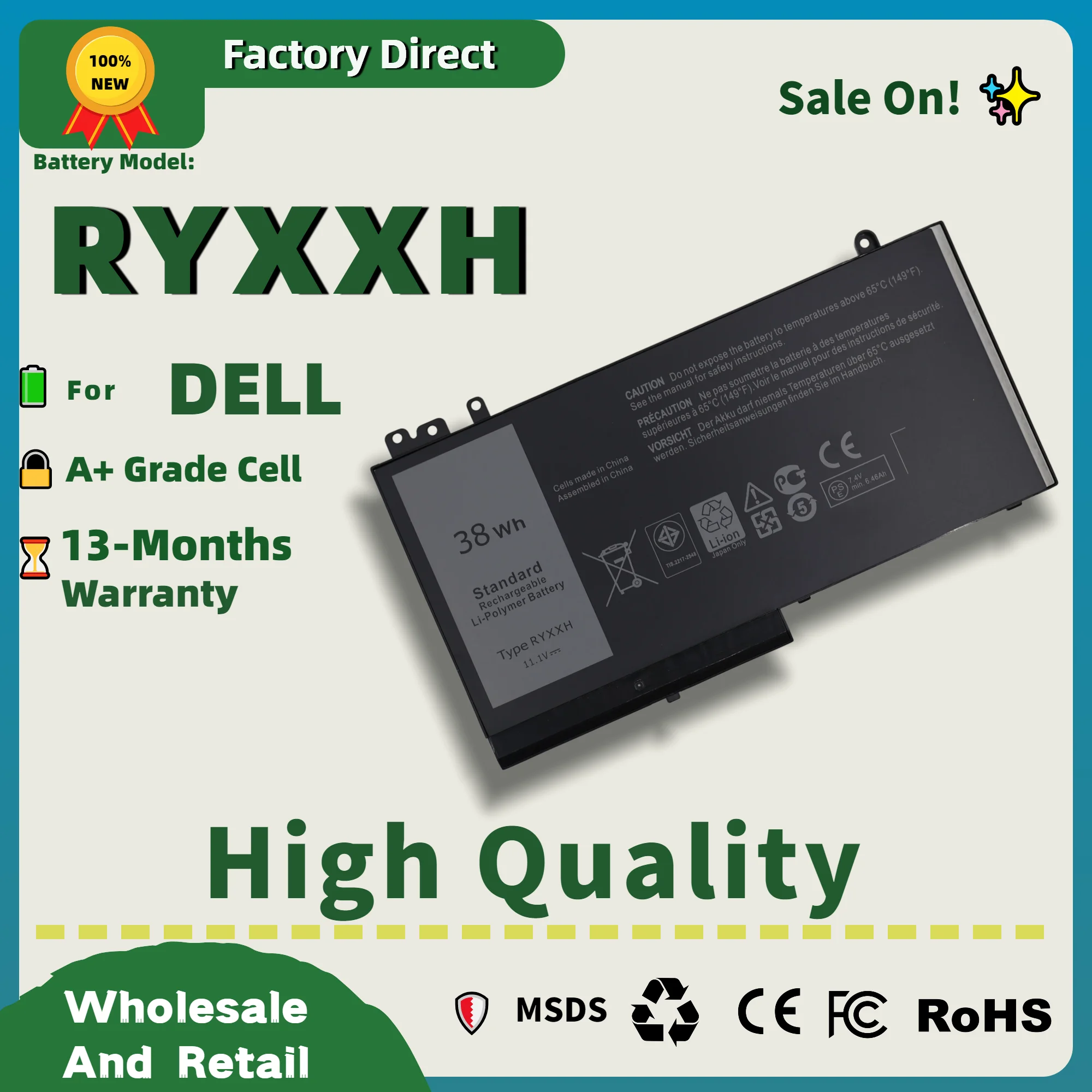 Factory Direct Sale  38Wh 11.1V Laptop Battery for RYXXH Latitude 3160 E5270 E5470 9P4D2 Batteries Battery 13months Warranty