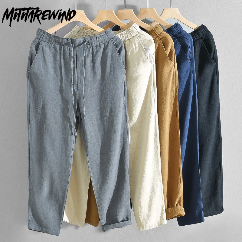 

2024 Summer Men's Pants 5XL Jogger Causal Breathable Cotton Linen Pants Men Elastic Waist Drawstring Straight Pants Baggy Pants