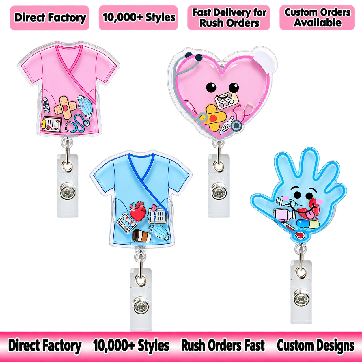 Retractable Nurse Themed Id Badge Reel Acrylic Extendable Badge Holder For  Nurse Work Id Healthcare Workers