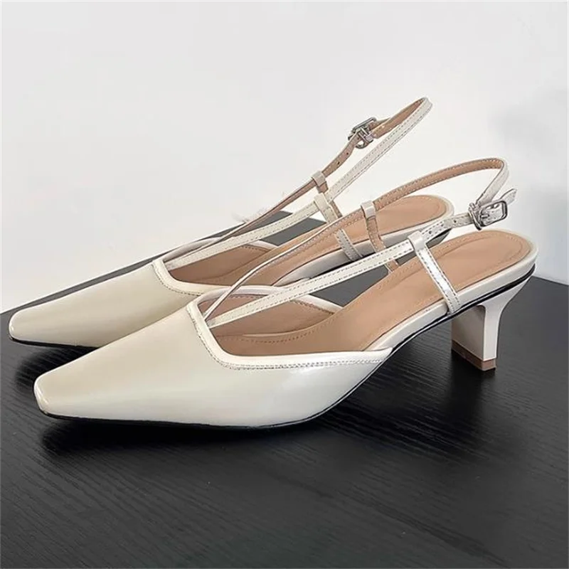 

Buckle Shoes for Ladies Square Toes High Heels Female Sandals Tacones Back Strap Chassure Femme Patent Leather Zapatos De Mujer