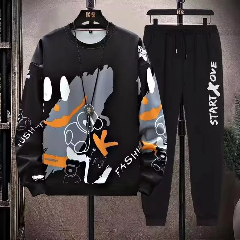 

New Men's Sweatshirt Fit Casual Sports Joggers Suit Long Sleeve + Trousers 2-Piece Set Male Graffiti 3D Print Oversized Clothing