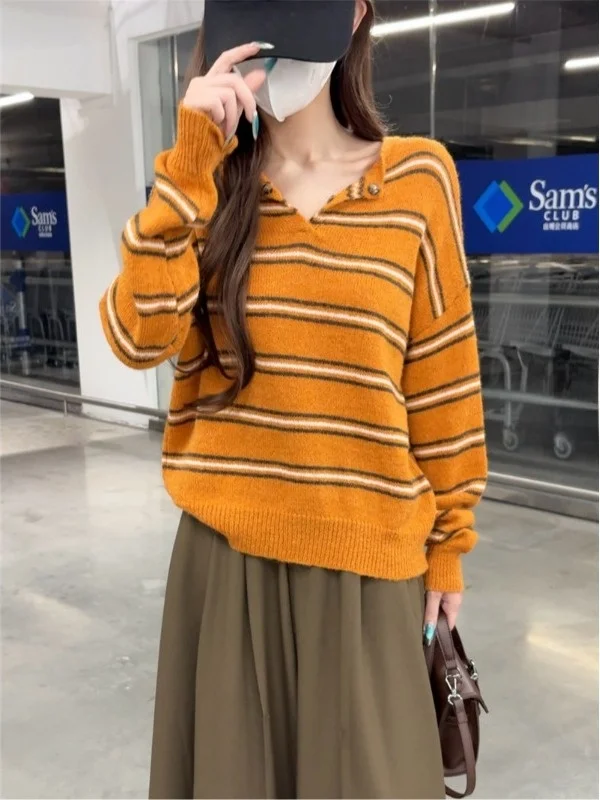 Suéter de punto suave de manga larga para mujer, estilo vintage informal y cómodo, hoado y adeazante, con rayas, para oto...