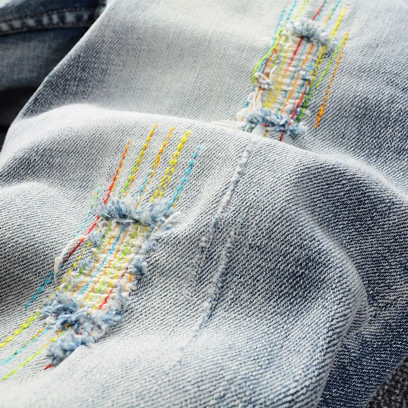 Fashion Vintage Men Jeans Retro Washed Light Blue Elastic Stretch Slim Ripped Jeans Embroidery Designer Patched Denim Pants Men