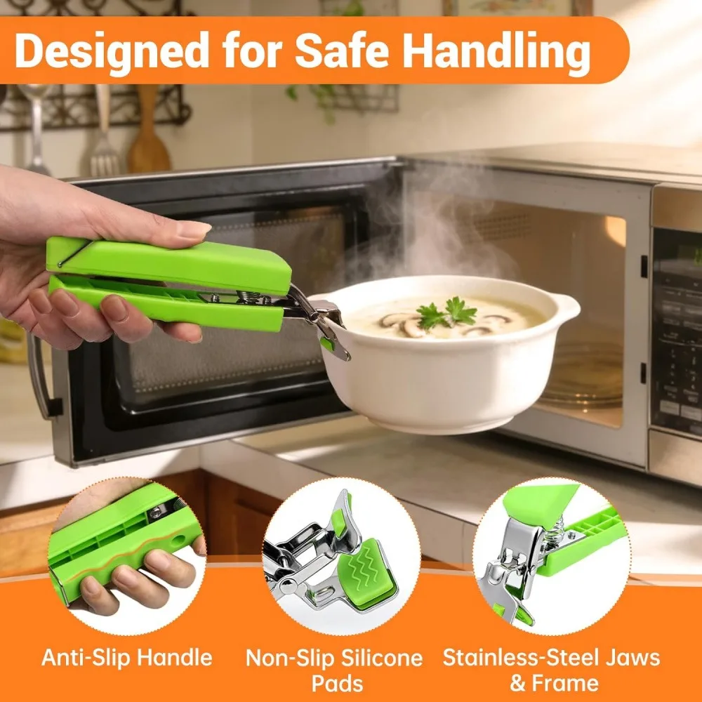 Multi-Functional Anti-Scald Bowl Plate Gripper Clip, Stainless Steel Heat Resistant Hot Dish Remover Tool, Non-Slip Silicone Kitchen Helper for Microwave, Oven, Steamer, 1 Count
