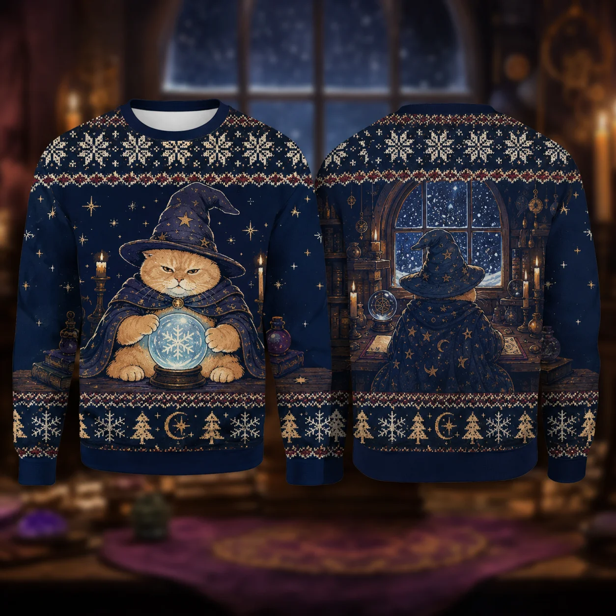 Ugly Christmas Sweater Funny Wizard Cat Crewneck Sweatshirt Polyester 3D Print Magic Kitty Holiday Pullover Gift Men Women