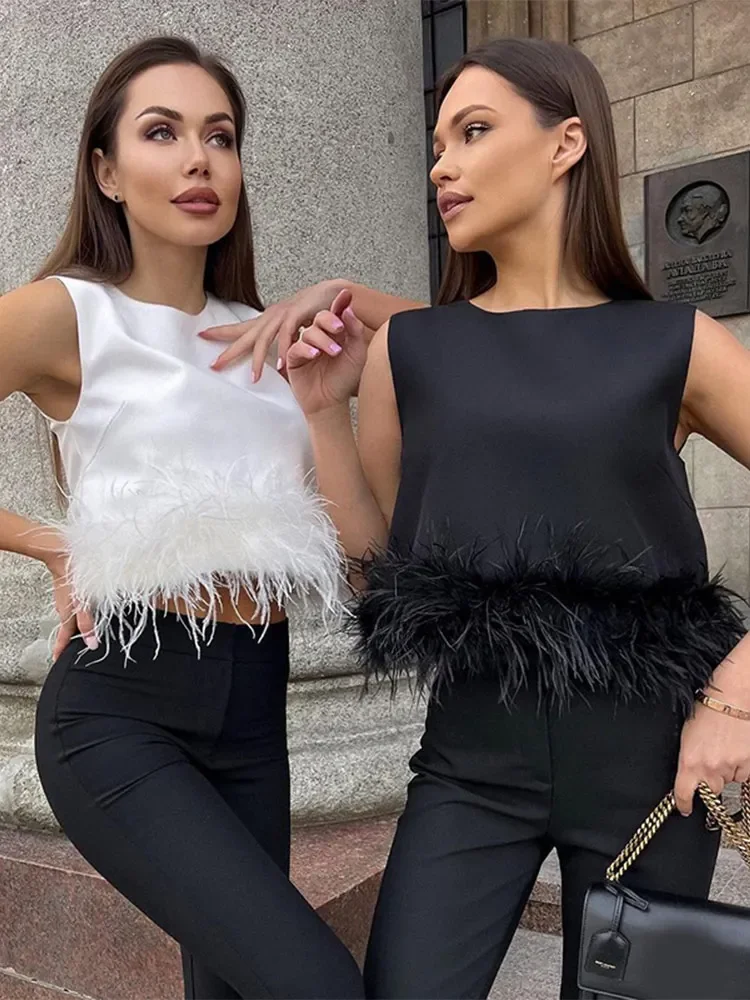 Fashion White Spliced Feathers Hem Cropped Vest Women Elegant O Neck Sleeveless Slim Tank Tops 2024 New Female High Streetwear