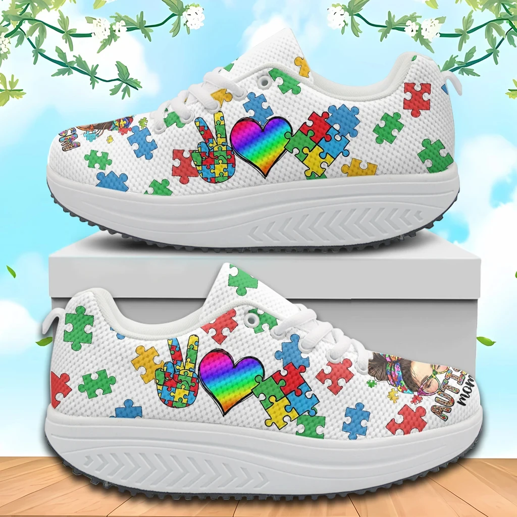 

New Fashion Autism Awareness Puzzle Mom Printed Women‘s Lace-up Swing Sneakers Outdoor Sport Platform Shoes for Female Zapatos