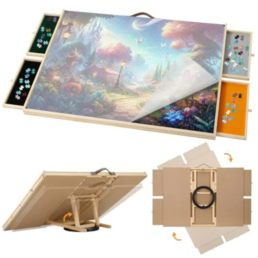 

Jigsaw puzzle board for adults, wooden, natural wood color, tilting and rotating with 4 drawers and cover, 34'' x 25'', portabl