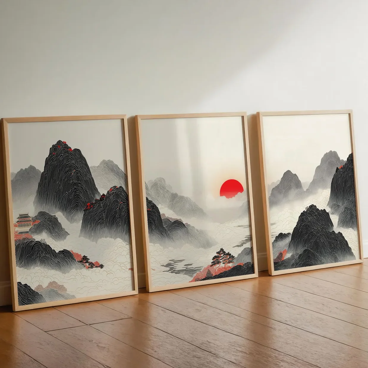 3pcs frameless Canvas Painting 3PCS Chinese Zen Landscape Poster Japanese Wall Art Birds and Clouds Landscape Paint Canvas Paint