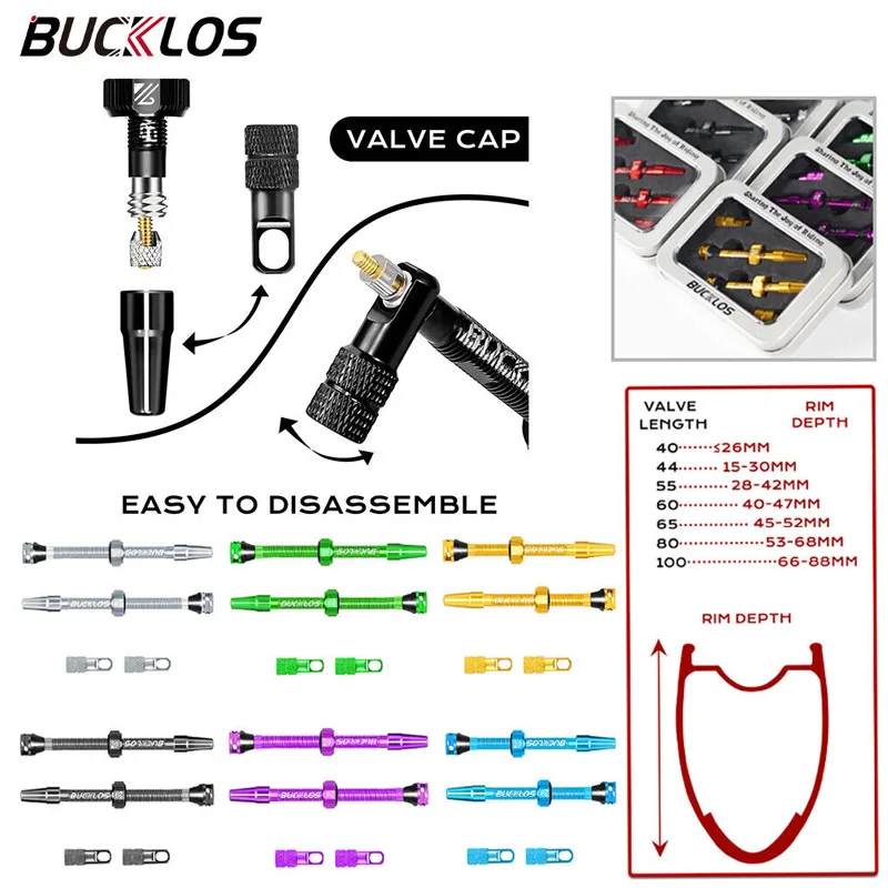 BUCKLOS Bicycle Tubeless Tire Valve 40 44 55 60MM  Road Bike Tire Valve CNC Aluminum Gravel F/V Presta Cycling Tubeless Valve