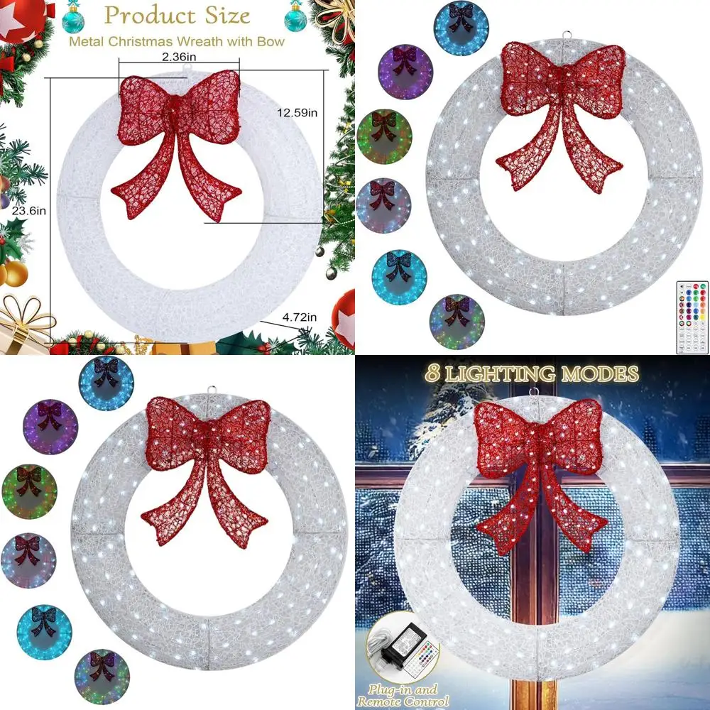 

24 Pre-Lit Multicolor RGB LED Outdoor Christmas Wreath with Remote, Timer & Bow for Door or Wall