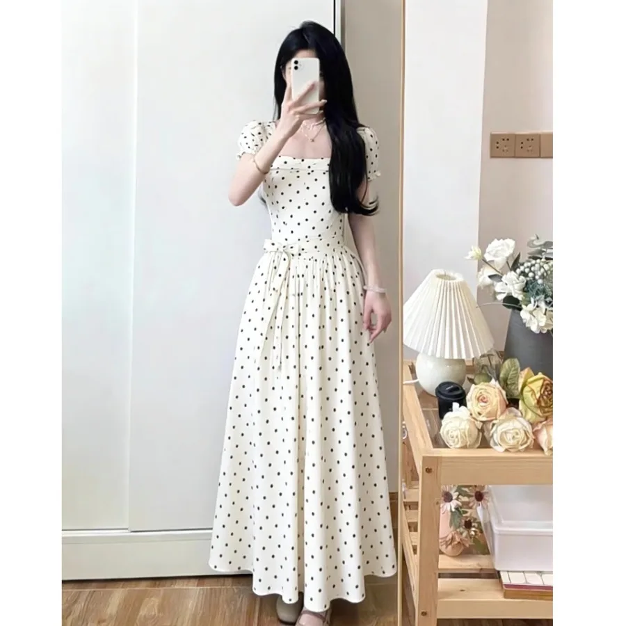 

【New style】French temperament, high-end bubble sleeve dress, women's dress, summer 2026 new square collar, wavy dot waist long